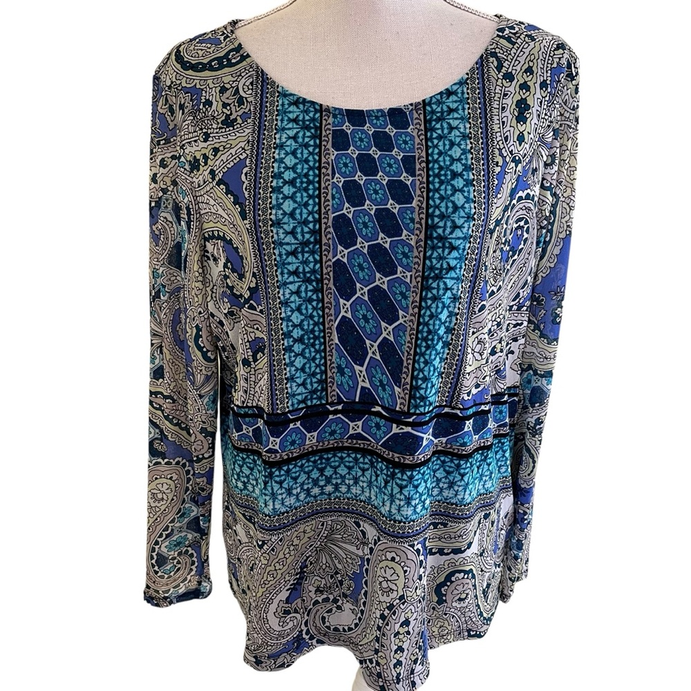 Chico's Blue/Tan Medallion and Paisley Mixed Print Mesh Top 3(XL)